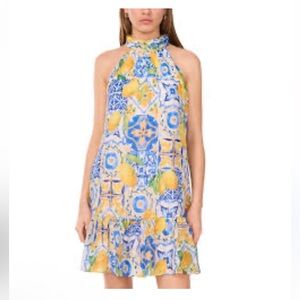 STATE Women's Blue and Yellow Patterned Mini Dress